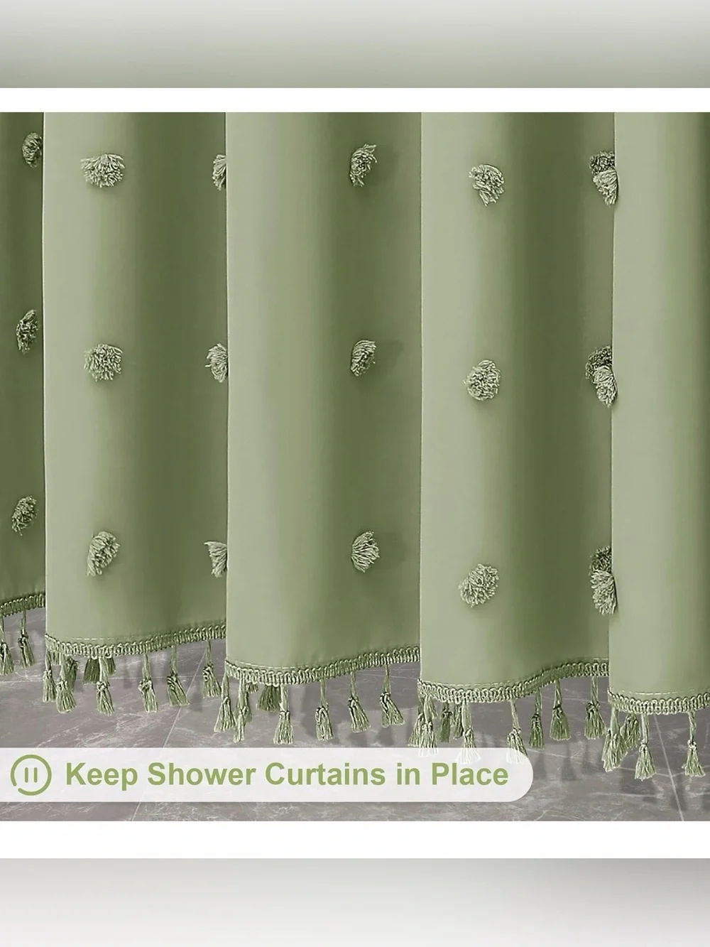 Washable cloth shower curtain. Sage Boho style with tassels. Bathroom home decor